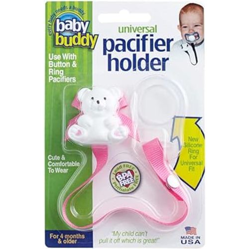 Baby Buddy Pacifier Clip Holder, Newborn Essential with Universal Fit for all Binky and Teether Brands, Ages 4+ Months, Pink, 1 Pack