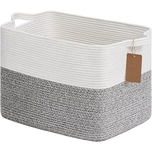 Goodpick Woven Storage Basket, Cotton Rope Baskets with Handles, Toy Baskets Storage Kids, Blanket Basket for Living Room, Bedroom, Gray and White, 18 x 14 x 12 Inches