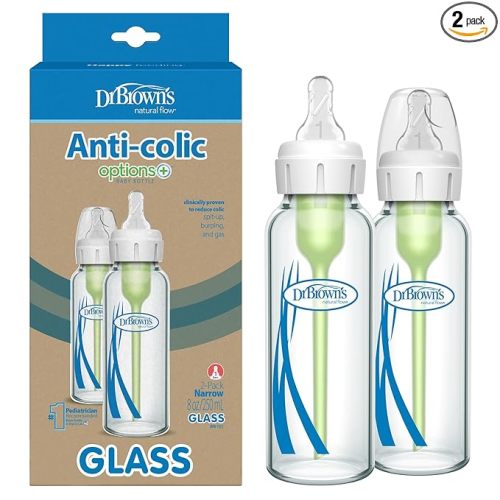Dr. Brown's Natural Flow Anti-Colic Options+ Narrow Glass Baby Bottle 8 oz/250 mL, with Level 1 Slow Flow Nipple, 2 Pack, 0m+