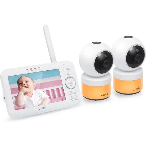 VTech VM5463-2 Baby Monitor 5" Screen with 2 Cameras, Pan-Tilt- Zoom, Night Light, Glow On The Ceiling Projector, Two-Way Talk, Secure Transmission No WiFi