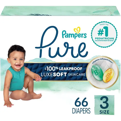 Pampers Pure Protection Baby Diapers, Size 3 (16-28 lbs), 66 Count, Up to 100% Leakproof, Premium Plant-based Skin Protection, Hypoallergenic Soft Diapers