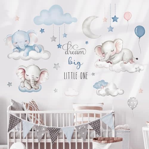 Dream Big Little One Elephant Wall Stickers,Dreamy Moon Stars Balloons Cloud Decor for Kids Room, Nursery & Play,Living Room,Bedroom