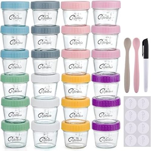 24-Pack 4oz Baby Food Jars - BPA-Free Glass, Microwave & Dishwasher Safe, Leak-Proof, Includes Labels & Marker for baby Puree & Snacks