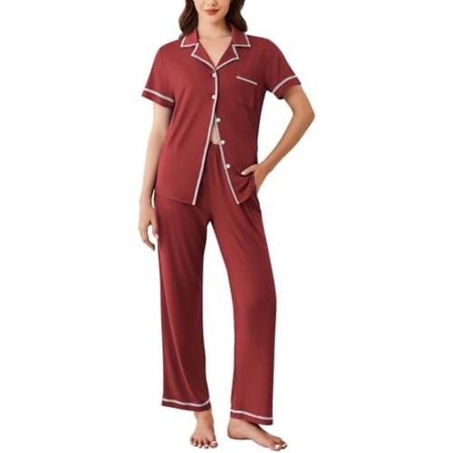 Ekouaer Button Up Pajamas for Women Short Sleeve with Long Pants Two-Piece Sleepwear Soft Pjs Set