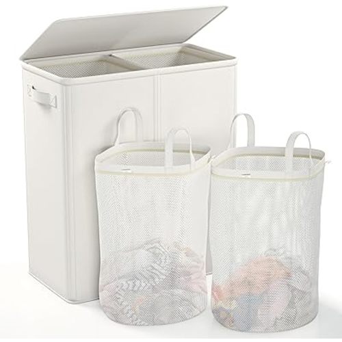 Raybee Laundry Basket with Lid,154L Clothes Hamper for Laundry Hamper 2 Section,Laundry Basket with Lid Collapsible Laundry Hamper with 2 Removable Washing Bags, Clothes Hamper (Beige, 154L)
