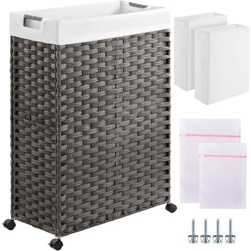 Greenstell Laundry Hamper with Wheels & Handles, 100L Slim Laundry Basket with 2 Removable Liner Bags & 2 Mesh Bags, Foldable Narrow Clothes Hamper for Bedroom, Bathroom, Closet, Grey