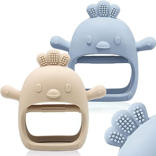 2 Packs Baby Teething Toy for 0-6 6-12 Months, Food Grade Silicone Teething Mitten, Anti Dropping Wrist Hand Teethers Baby Chew Toys for Sucking Needs, BPA Free - Blue & Caramel