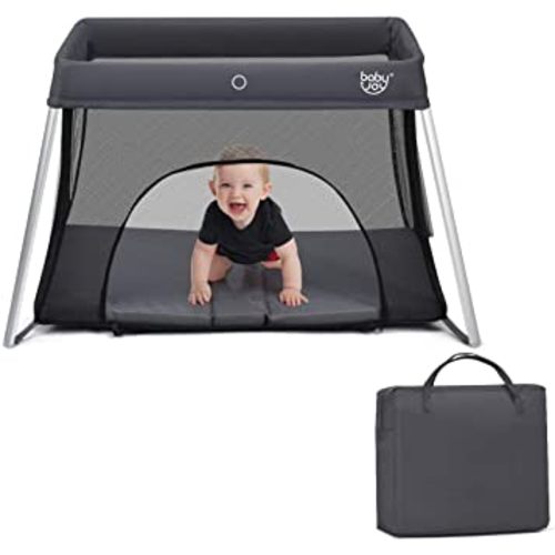 BABY JOY Baby Foldable Travel Crib, 2 in 1 Portable Playpen with Soft Washable Mattress, Side Zipper Design, Lightweight Installation-Free Home Playard with Carry Bag, for Infants & Toddlers (Grey)