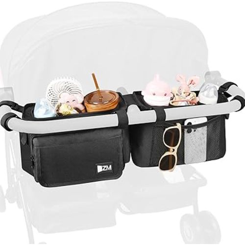 ZZM Double Stroller Organizer with 2 Cooler Pockets,Compatible for Bob Duallie, Jeep and Baby Jogger City Mini GT2, Double Baby Stroller Accessories, Parent Console Double Jogging Stroller Organizer
