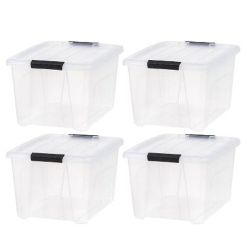 IRIS 32qt 4pk Plastic Storage Bins With Lids and Latching Buckles: Stackable, Transparent, Utility Storage, 32 Qt