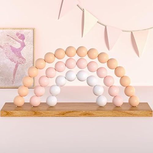 Cute Pink Rainbow Baby Girl Room Decoration - Wooden Rainbow Shelfie, Pink and Ivory Wood Bead Nursery Decor for Girls, Boho Standable Kids Nursery Playroom Bedroom Bookshelf Decor