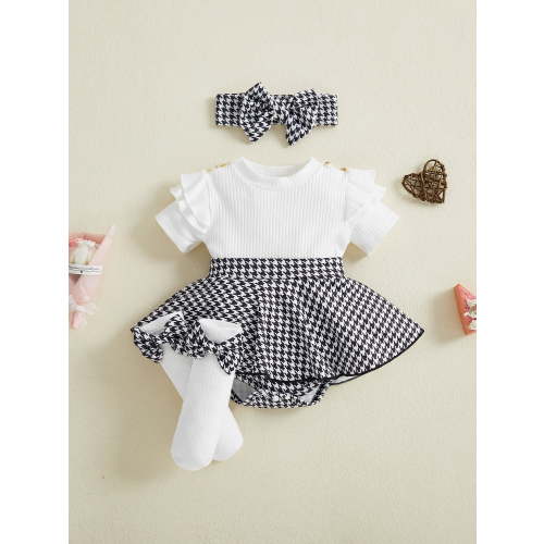 Loicainy Baby Infant Girl Bodysuit Dress Outfit 3 6 9 12 Months Houndstooth Short Sleeve Ribbed Skirt Romper Bow Headband and Socks 3 Piece Set