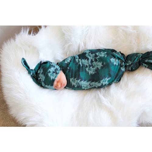 Forest Baby Swaddle Blanket, Newborn Swaddle, Boy/Girl Baby Blanket, Swaddle Set, Top Knot Hat, Stretchy Knit Swaddle, Trees Baby Swaddle