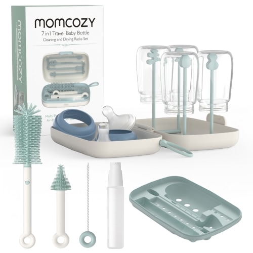 Momcozy Baby Bottle Brush Set, Cleaner Kit with Silicone Nipple Straw Brush, Soap Dispenser, Drying Rack - 7 in 1 Bottle Cleaning Tool for Home and Travel,Green,Pink