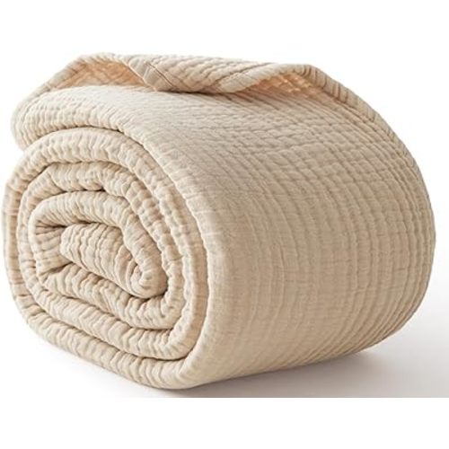 100% Cotton Blanket Large 50"x 70", 6 Layers Muslin Blanket, Breathable and Lightweight Throw Blanket for Couch, Soft Quilt Bedspread, Gauze Blanket for Adults All Season, Oatmeal, Beige Linen