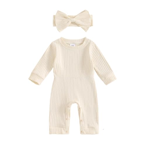 Winioder Newborn Baby Girl Fall Clothes Ribbed Long Sleeve Romper Jumpsuit with Headband Infant 2Pcs Coming Home Outfit