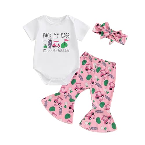 Bonangber Newborn Baby Girl Golf Outfit Letters Short Sleeve Romper Golf Cart Bell Bottoms 3Pcs Set Infant Summer Clothes