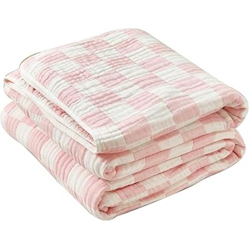 SANACYNA Muslin Blankets 100% Cotton 6-Layer Gauze Gray Grid Bed Blanket Lightweight Soft and Breathable King Blanket for Sofa Bed Coverlet Both Sides (Pink Checkerboard, Baby 30"x40")