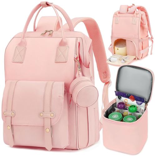 Breast Pump Backpack & Diaper Bag with Cooler, Fits Spectra S1 S2 Medela, Pumping Bag for Work, Fits 15.6" Laptop, 15 Pockets, Reinforced Zippers, Pacifier Case, Stroller Straps, Pink