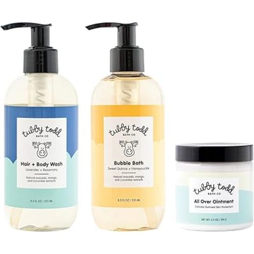 TUBBY TODD Essentials Baby Bath Gift Set – 8.5oz Hair+Body Wash, 8.5oz Bubble Bath & 3.5oz All Over Ointment