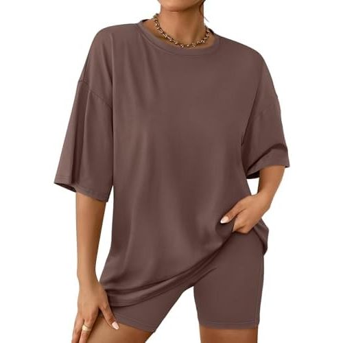 AUTOMET Womens 2 Piece Sets Summer Outfits 2025 Two Piece Lounge Set Matching Clothing Oversized Tshirts Biker Short Fashion