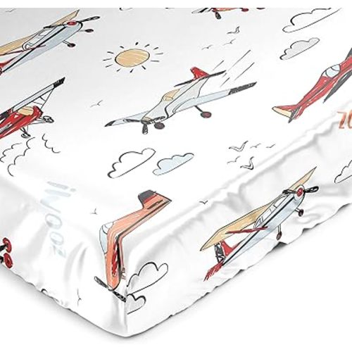 Sweet Jojo Designs Vintage Airplane Boy Baby Satin Fitted Crib Sheet Infant Newborn Nursery Toddler Bed Room Standard Mattress Grey Yellow Orange Red White Blue Air Plane Transportation Clouds Sun Sky