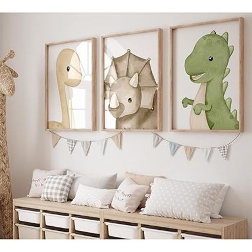 Dinosaur Wall Art Kids Boys Room Canvas Wall Decor Dino Nursery Wall Art Pictures Baby Dinosaur Poster Prints for Boys Bedroom Bathroom 16x24 Inch Unframed Set of 3