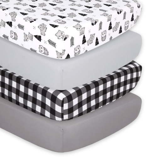 Peanutshell Baby Fitted Crib Sheet, 4 Pack Set, Grey Woodland Plaid for Boys or Girls