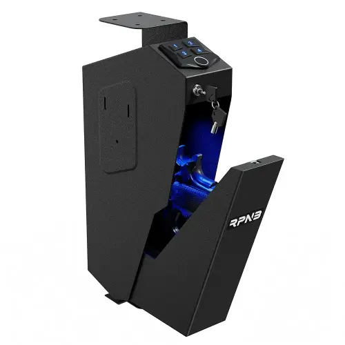 RPNB Mounted Gun Safe,California DOJ Certified Handgun Safe, Auto Open Lid Smart Pistol Safe with Biometric Fingerprint or Keypad Lock