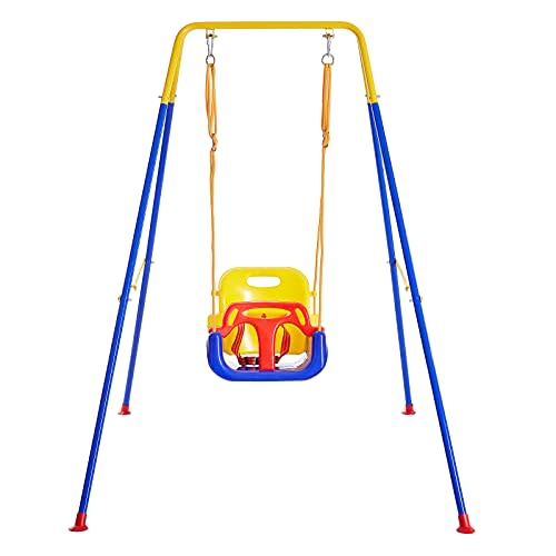 FUNLIO 3-in-1 Toddler Swing Set with 4 Sandbags, Indoor/Outdoor Baby Swing with Foldable Metal Stand, Kids Swing Set for Backyard, Clear Instructions, Easy to Assemble & Store
