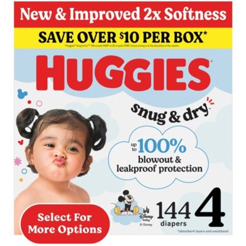 Huggies Snug & Dry Baby Diapers, Size 4 (22-37 lbs), 144 Ct (Select for More)