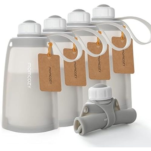 No Leak Momcozy Silicone Breastmilk Storage Bags, Reusable Breastmilk Freezer Storing Bags for Breastfeeding, 8.5oz/250ml Breast Milk Saver, Leakproof Baby Food Pouches, BPA Free (Gray, 5pcs)