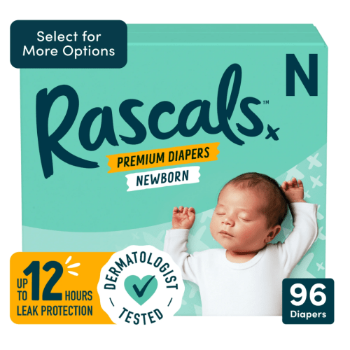 Rascals Premium Absorbent Baby Diapers Size 1, 108 Count