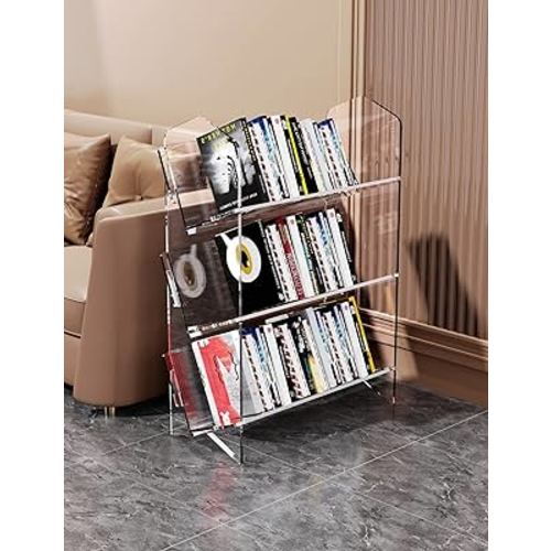Clear Desktop Bookshelf Desk Storage Organizer Acrylic Display Shelf Rack (Clear, 3 Tier-L)