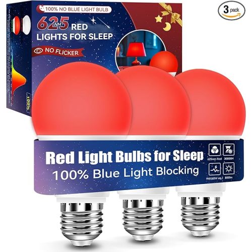 Neporal 625nm Red Light Bulbs for Sleep, 100% Blue Light Blocking Light Bulbs for Melatonin Promoting, A19 LED 9W 60W Equivalent Dim Red Night Light Bulb for Baby Nursery, Sleeping, Reading, 3-Pack