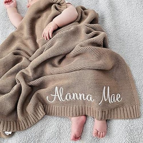 Personalized Baby Blanket with Name - Custom Knit Baby Blankets with Embroidery - Soft Breathable Cotton Knit Baby Blanket - Baby Blanket - Newborn Baby Gifts - Gifts for Boy Girl Birthday