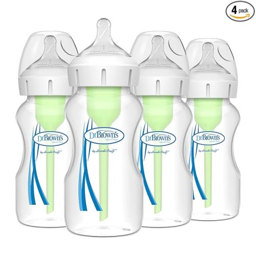 Dr. Brown's Natural Flow Anti-Colic Options+ Wide-Neck Baby Bottles 9 oz/270 mL, with Level 1 Slow Flow Nipple, 4 Count, 0m+