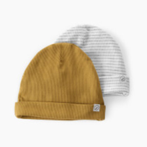 Carter's Little Planet 2-Pack Organic Cotton Rib Caps - Ochre, Heather Grey Stripe, 0-3 M