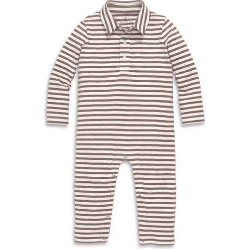 Baby Long Sleeve Polo Romper In Mini Stripe, Ivory Acorn Stripe - Size 6-12M