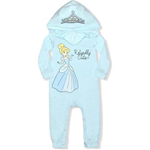 Disney Princess Ariel, Cinderella or Belle Girls’ Hooded Long Sleeve Romper for Newborn and Infant – Blue or Purple