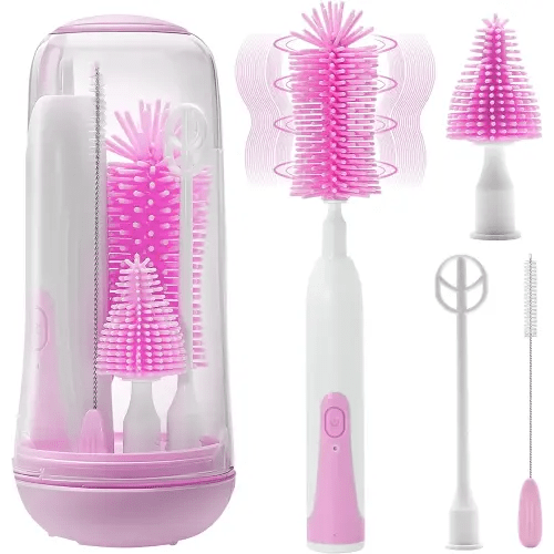 Electric Bottle Brush Cleaner, Portable Electric Baby Bottle Brush for Travel, Waterproof Electric Bottle Cleaner Set with Nipple & Straw Brush, Baby Bottle Brush Electric with Milk Frother, Pink