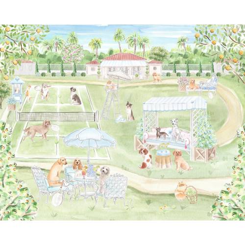 Nursery Art print Dogs playing Tennis // Jungle Print // Tropical print // Kids Playroom // Blue Nursery art // Grandmillennial