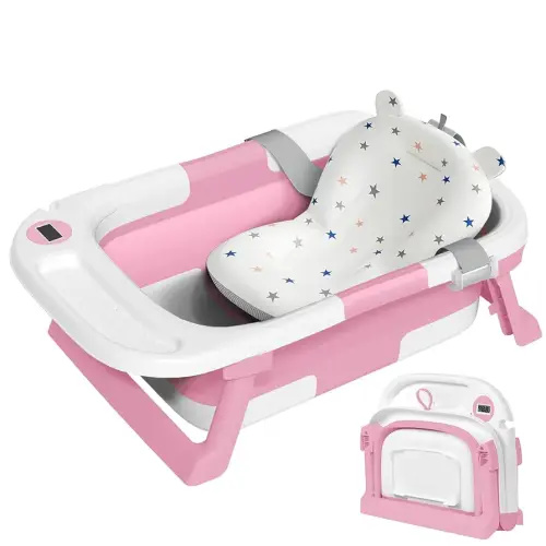 Collapsible Baby Bathtub,Baby Bath Tub with Thermometer & Soft Cushion,Baby Bathtub for Newborn to Toddler 0-36 Months,Portable Travel Baby Tub with No-Slip Feet,Baby Shower Gifts,Pink