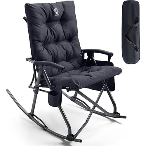 EVER ADVANCED Oversized Folding Rocking Camping Chair, Padded Portable Rocker Chairs for Patio, Lawn and Outdoors, Heavy Duty Hard Armchair for Adults Supports 400lbs, Black