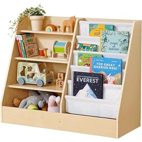 Montessori Bookshelf and Toy Organizer, Kids Bookshelf with Spacious Storage, Montessori Shelf for Toys, Nursery Book Shelves for Kids Rooms, Ideal for Child Growth