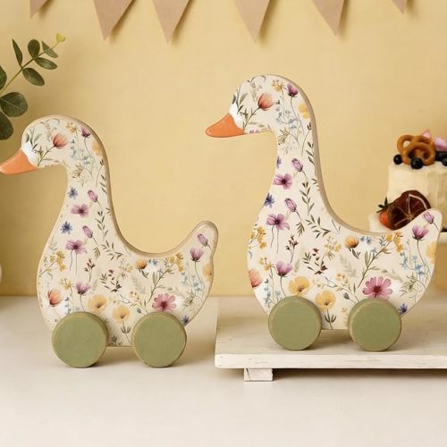 2 Pcs Silly Goose Baby Shower Decorations Wooden Silly Goose Birthday Decorations with Floral Prints for 1st Birthday Party Baby Shower Photo Prop 9" x 9.8"