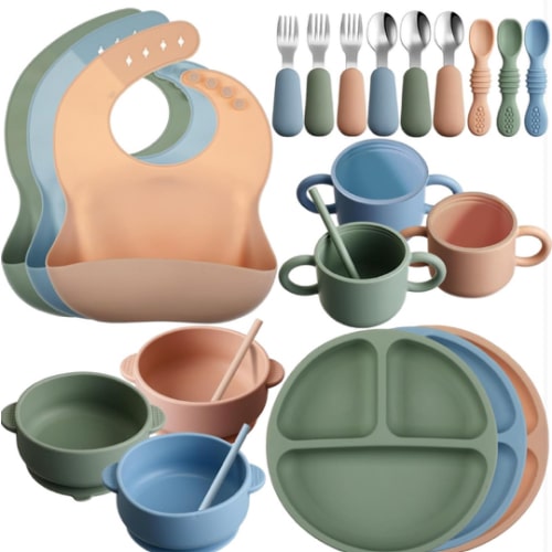 24 Pack Silicone Baby Feeding Set Baby LED Weaning Supplies Includes Suction Divided Plates Soft Bowl Spoons Forks Adjustable Bib Snack Cup and Straws(Dark Green, Dark Blue, Walnut Color)