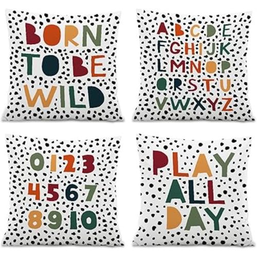 Born to Be Wild ABC Alphabet Throw PillowCovers,Play All Day,Kids Classroom Decorate PillowCovers for Kids Reading Room Playroom Nursery,18x18 Pillowcase Set of 4