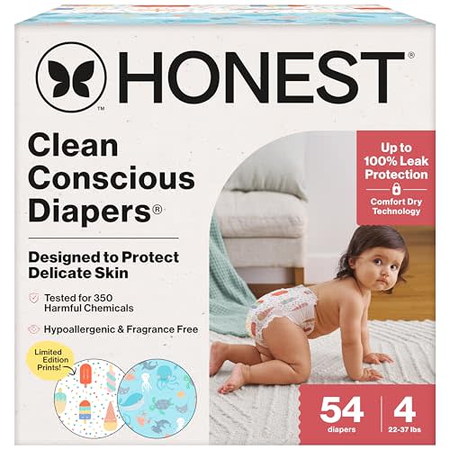The Honest Company Clean Conscious Diapers for Sensitive Skin | Up to 100% Leakproof | Hypoallergenic, Fragrance Free | Summer '25 Limited Edition Prints | Club Box, Size 4 (22-37 lbs), 54 Count