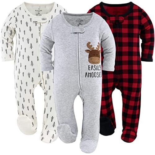 The Peanutshell Footed Baby Sleepers for Boys or Girls, Buffalo Plaid & Woodland, 3 Pack Set